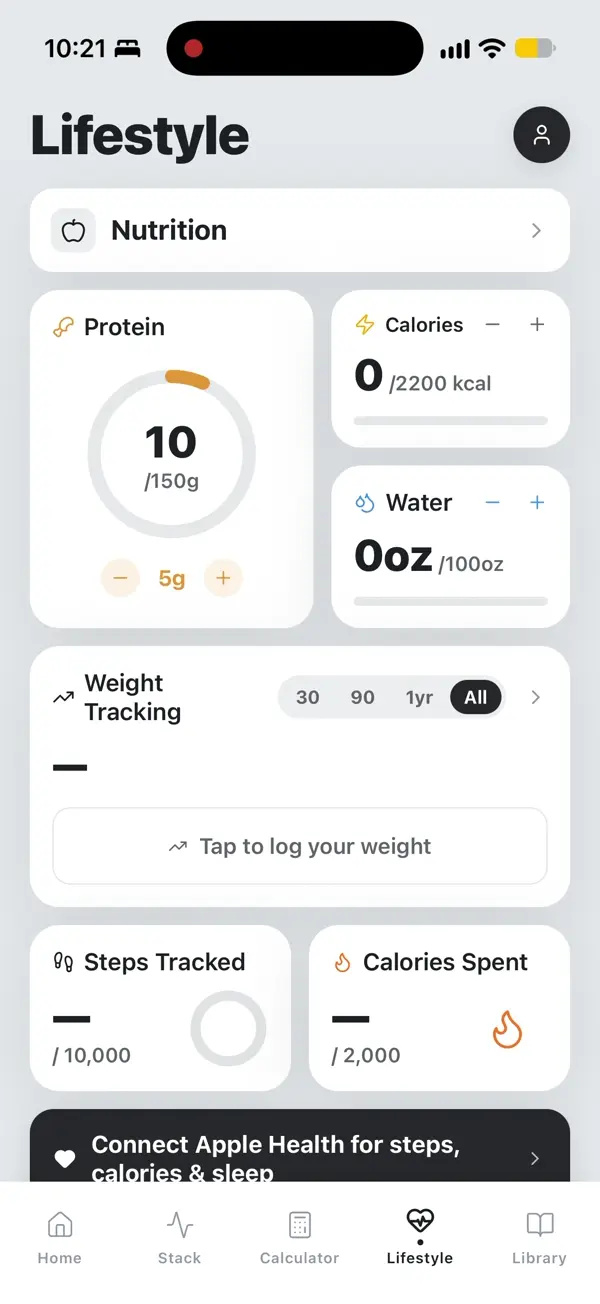 IQONIC lifestyle screen with nutrition, water, weight and activity